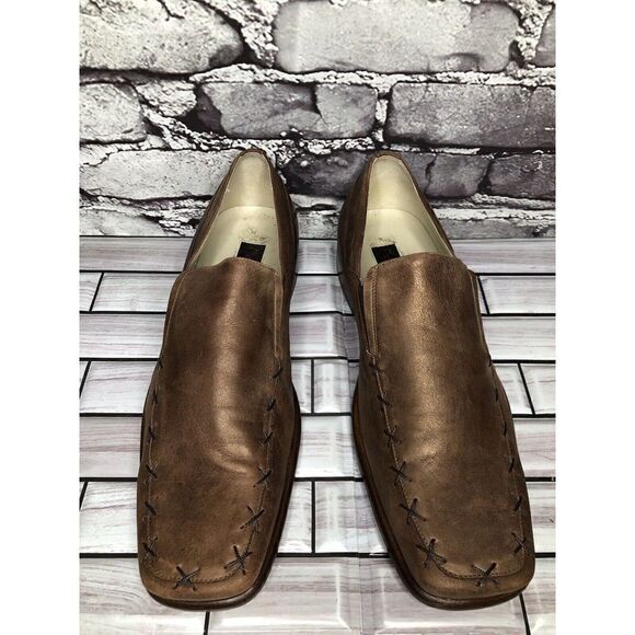 Marco Delli Brown Shimmer Leather Square Toe Loafers Dress Shoes Men Sz 41EU/8US main image 6